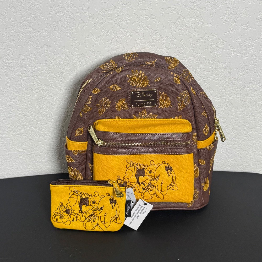 Loungefly Disney Winnie the Pooh Mini Backpack Set NWT Brown Yellow Fall Leaves
